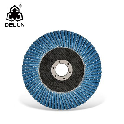 Cakram Flap Aluminium Oksida Fused Zirkonium DELUN 4 Inci Untuk Pekerjaan Beveling Pada Baja Tahan Karat